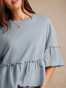 WESTFADE Slub Knit Crewneck Ruffle Sleeve Peplum T-Shirt Back To School Cute Fall Country Concert, Female Country Look - Blue - View 4