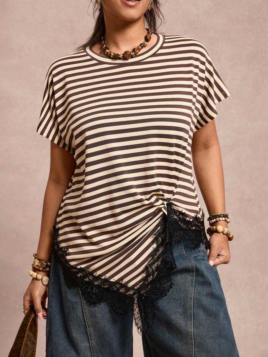 Freevana Plus Size Women Summer Casual Commuting Fashion Contrast Stripe & Floral Print Bat Wing Short Sleeve Lace Patchwork Irregular Hem T-Shirt - Coffee Brown - View 1