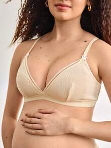 1件柔软舒适的孕妇哺乳文胸，针织提花前扣式哺乳文胸 - 杏色 - 查看 4