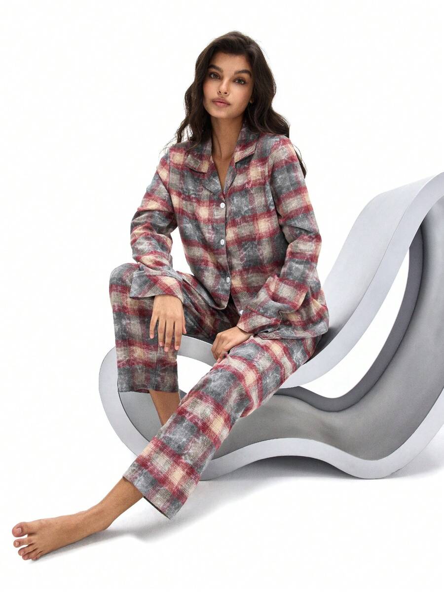 女士格子长袖上衣和裤子睡衣套装 - 彩色 - 查看 1