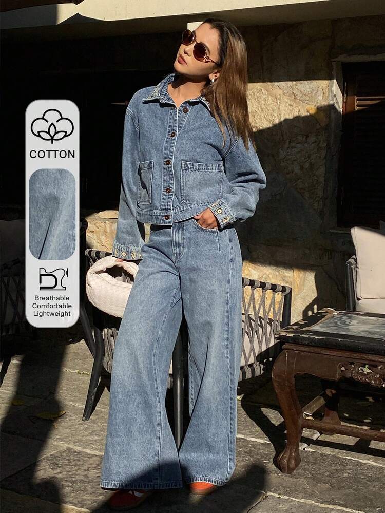Women's Boho Style Denim Jacket With Embroidered Collar Decor And Straight Leg Jeans Casual Denim Suit
