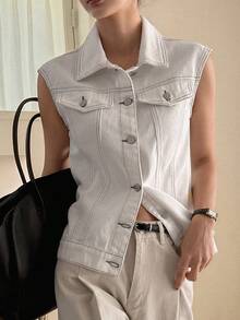 DAZY Women's Collared Sleeveless Fitted Casual Denim Blouse - White - View 2