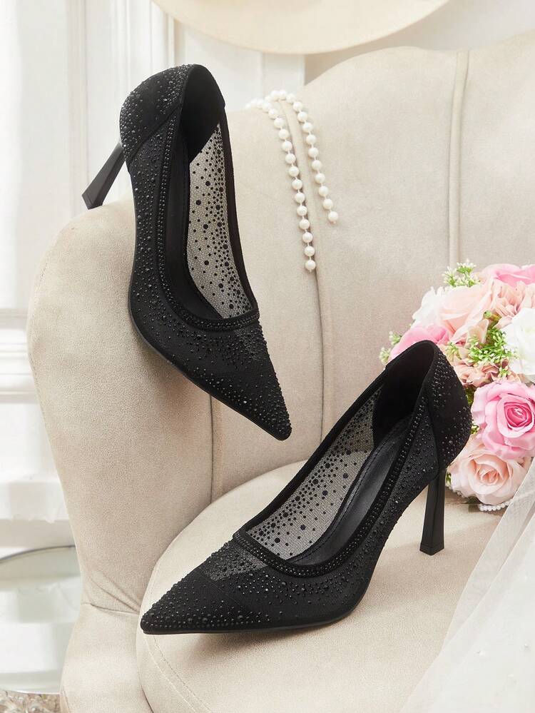 CUCCOO HITCHD Women's Pointed Toe High Heel Shoes, Rhinestone Decor Mesh Fabric, Fashion Comfortable For Daily, Party, Wedding, Slip-On Elegant Shoes Wedding Shoes Summer Shoes Bride Shoes