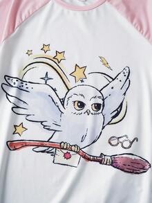 HARRY POTTER X SHEIN 女士极简印花短袖上衣和短裤睡衣套装 - 白色 - 查看 3