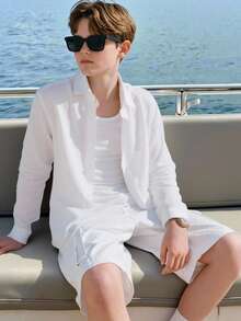 青少年男士绅士风白色领亚麻混纺长袖衬衫，百搭绅士装扮，适合商务、上学、生日派对、日常休闲穿着，优雅简约设计。 - 白色 - 查看 1