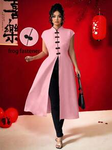 SHEIN Elenzya 大码女式优雅旗袍领中式纽扣腰部开衩不对称衬衫，适合情人节穿着 - 粉色 - 查看 6