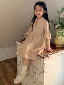 Dazy Kids 女童宽松休闲度假风中长连衣裙，夏季新品 - 卡其色 - 查看 3