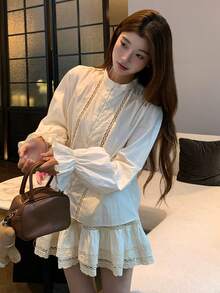 DAZY Women's Elegant Stand Collar Ruffle Sleeve Contrast Lace Blouse And Skirt 2-Piece Set,Cream White Autumn Lounge Sets For Date Commuting Daily Wear - Apricot - View 8