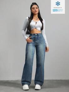 SHEIN ICON 女士口袋纽扣休闲百搭日常穿着阔腿牛仔裤 - 深色水洗藍 - 查看 7