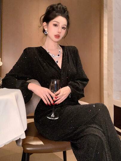 DAZY 春夏黑色亮片优雅衬衫式连体裤，宽松休闲喇叭袖长袖连身裤，适合情人节、婚礼、派对、正式场合穿着。