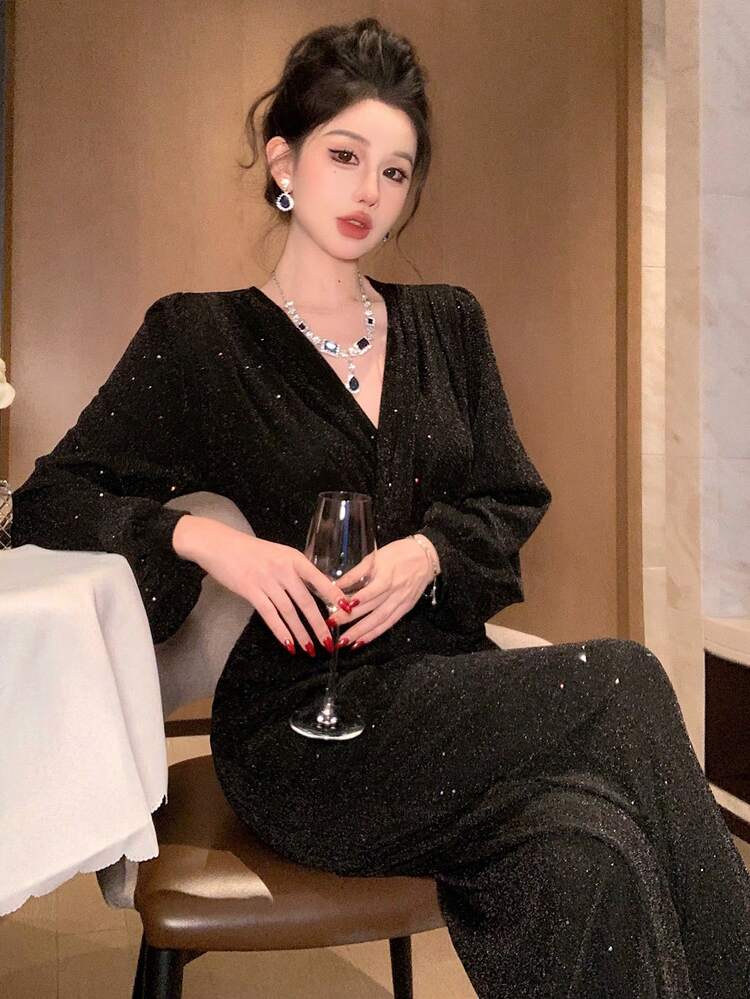Spring & Summer Black Shiny Sequin Elegant Shirt Style Jumpsuit, Loose Casual Flare Sleeve Long Sleeve Romper Suitable For Valentine's Day, Wedding, Party, Formal Occasion
