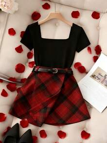 Franclia Fashionable Minimalist Square Neck Fitted High Waist Asymmetrical Retro Burgundy Plaid 2 Pieces Set With Belt, Versatile For Commuting - Multicolor - View 4