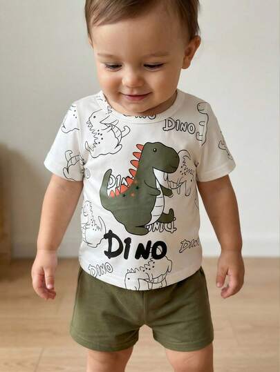 SHEIN Playful Pals Toddler Boys' Casual Dinosaur Print Short Sleeve Top And Shorts Set, Suitable For Outings, Parties, Daily Activities, And Family Trips