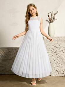 Đầm ren chiffon thanh lịch cho bé gái tuổi teen, màu trắng trơn, xếp ly, không tay, có khóa kéo, thích hợp cho lễ tốt nghiệp, đám cưới, mùa xuân và mùa hè. - trắng - Xem 5