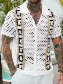 Manfinity RSRT 男士夏季休闲沙滩度假拼接图案V领开襟针织上衣 - 白色 - 查看 6