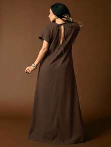 Vixey Cuffed Drop Shoulder Sleeve Deep Open V Neck Back Maxi Denim Dress - Brown - View 2