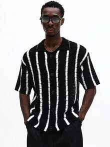 SUMWON 黑白竖条纹短袖针织开衫，纽扣V领，常规版型，夏季休闲叠穿上衣 - 黑與白 - 查看 5