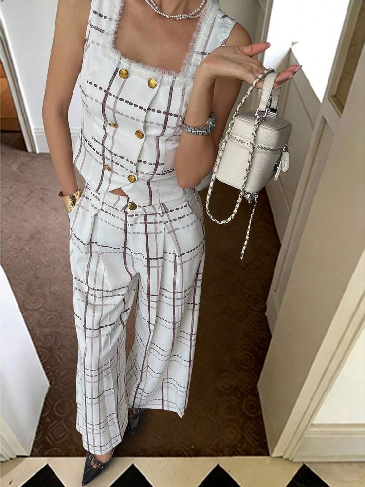 Women's Plaid Fabric Sleeveless Cardigan Vest With Frill Trim And Loose Wide Leg Pants 2 Pieces Casual Set