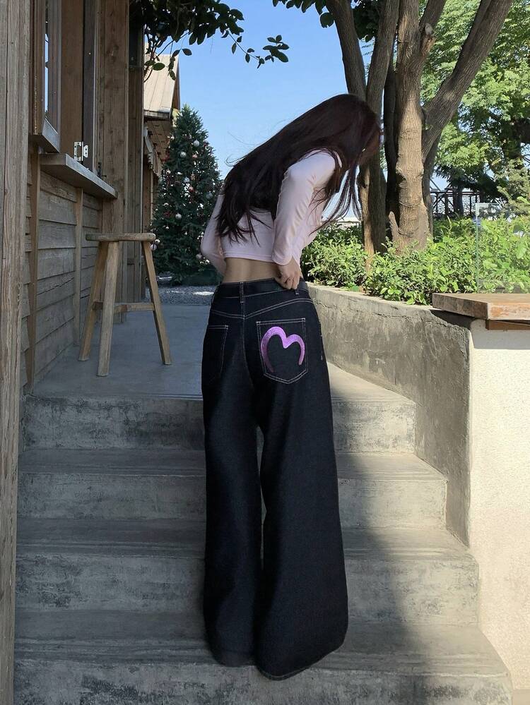 Women's Loose Fit Korean Style Heart Print Jeans Summer