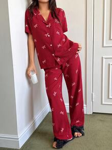 SHEIN 女款條紋蝴蝶結印花翻領短袖睡衣套裝 紅色夏季居家休閒服套裝 櫻桃睡衣套裝 - 紅色 - 查看 6