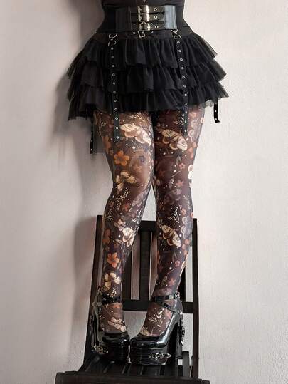 Whyspr Mesh Sheer Printed Elegant Retro Punk Goth Grunge Casual Cool Leggings For Plus Size Women