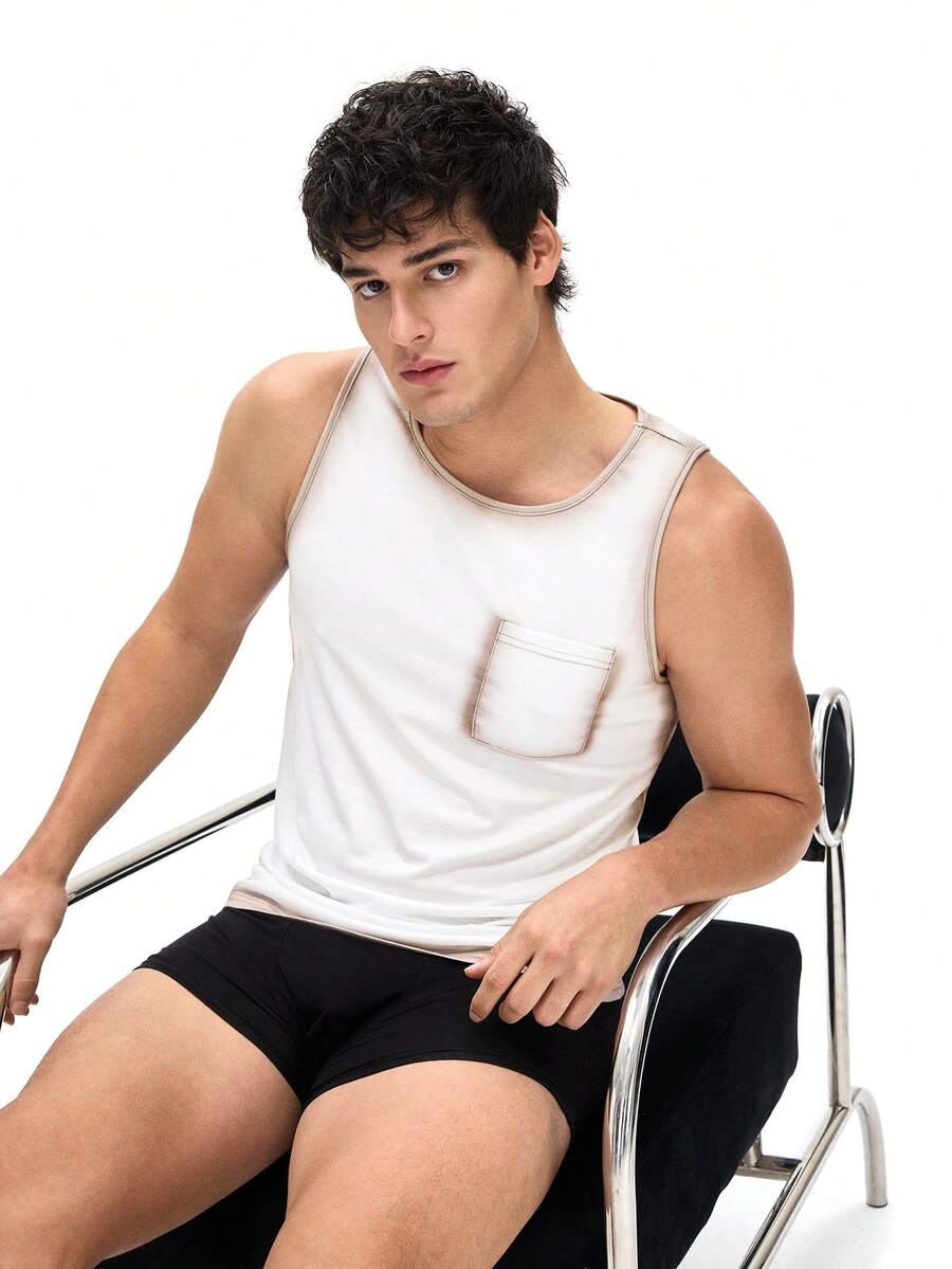 Men's REST ERA Vintage Art Gradient Dye Effect Placement Print Sleeveless Loungewear Tank Top - Apricot - View 1