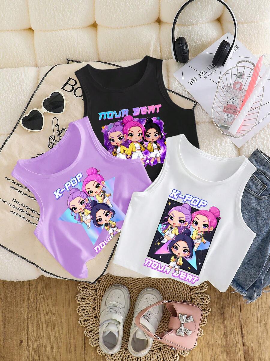 3 件套时尚休闲韩流女子组合印花无袖上衣,适合青少年女孩,黑色/白色/紫色 - 白色 - 查看 1
