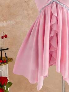 Elamini Đầm ngắn màu hồng thanh lịch, thoải mái, đa năng, thích hợp mặc hàng ngày dự tiệc, đính sequin, thắt nơ cổ, vạt bất đối xứng, dành cho nữ, mùa xuân/hè. - Hồng - Xem 4