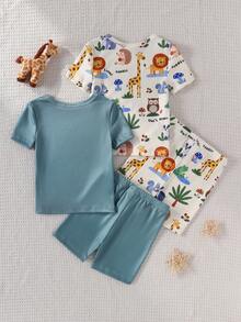 4件套新生男宝宝森林动物主题黄色和灰蓝色狮子、长颈鹿、大象印花短袖连体衣和短裤睡衣套装 - 彩色 - 查看 2