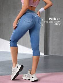 Flexra Women's Casual Commuting Drawstring Waist Button Fly Hem Skinny 3/4 Length Jeans - Blue - View 4