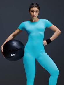 Powerista 1 pieza Pantalón de una sola pieza sin costuras que absorbe la humedad, con diseño perforado en la espalda, estilo básico, azul lago, para fitness/yoga - Azul - Ver 5