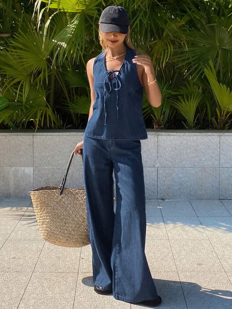 Women's Halter Tie Striped Denim Top And Loose Straight Leg Pants, Vacation Style Denim Set