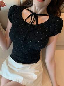 DAZY 女士夏季圆领波点抽绳短袖休闲T恤 - 黑色 - 查看 4