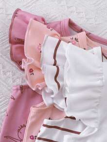 SHEIN Playful Pals 8件套女婴0-3岁春夏休闲日常户外可爱趣味芭蕾女童无袖T恤和短裤8件套服装套装 - 粉色 - 查看 4