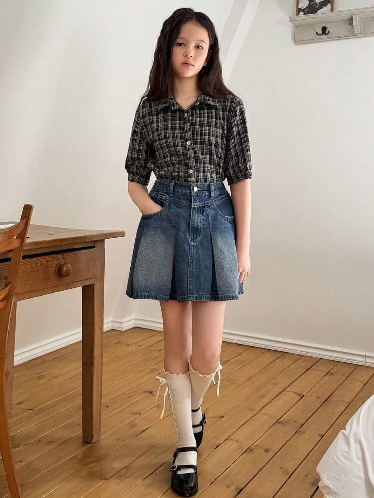 Tween Girls Denim Pleated Skirt Summer