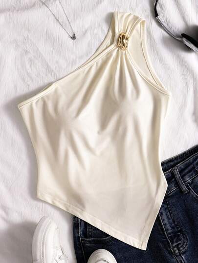 Teen GirlCasual Personalized Camisole, Black & White Fabric, Asymmetrical Strap Hem, Suitable For Travel, Vacation, Walking, Outings, Can Be Paired With Pants, Shorts, Skirts, Jackets