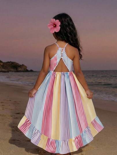 Fashionable Sleeveless Dress For Teenage Girls! Featuring Colorblock Striped Macaroon Pattern, Halter Neck & Open Back Design, Multi-Layer Ruffled Skirt, Comes With Matching Mini Crossbody Bag, Refreshing & Stylish For Outings Or Everyday Wear, Radiates Positive Vibes.