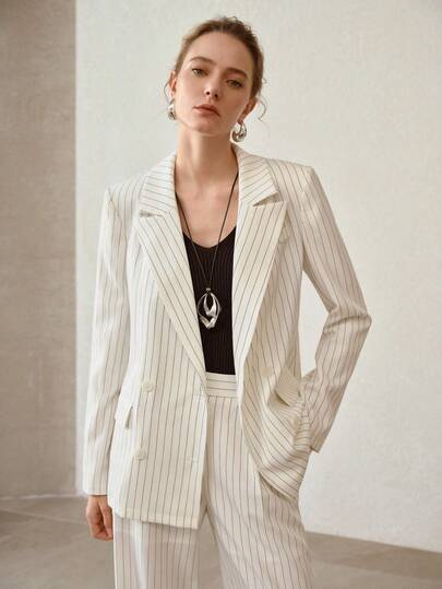 MOTF PREMIUM 条纹休闲亚麻质感通勤及日常双排扣西装外套