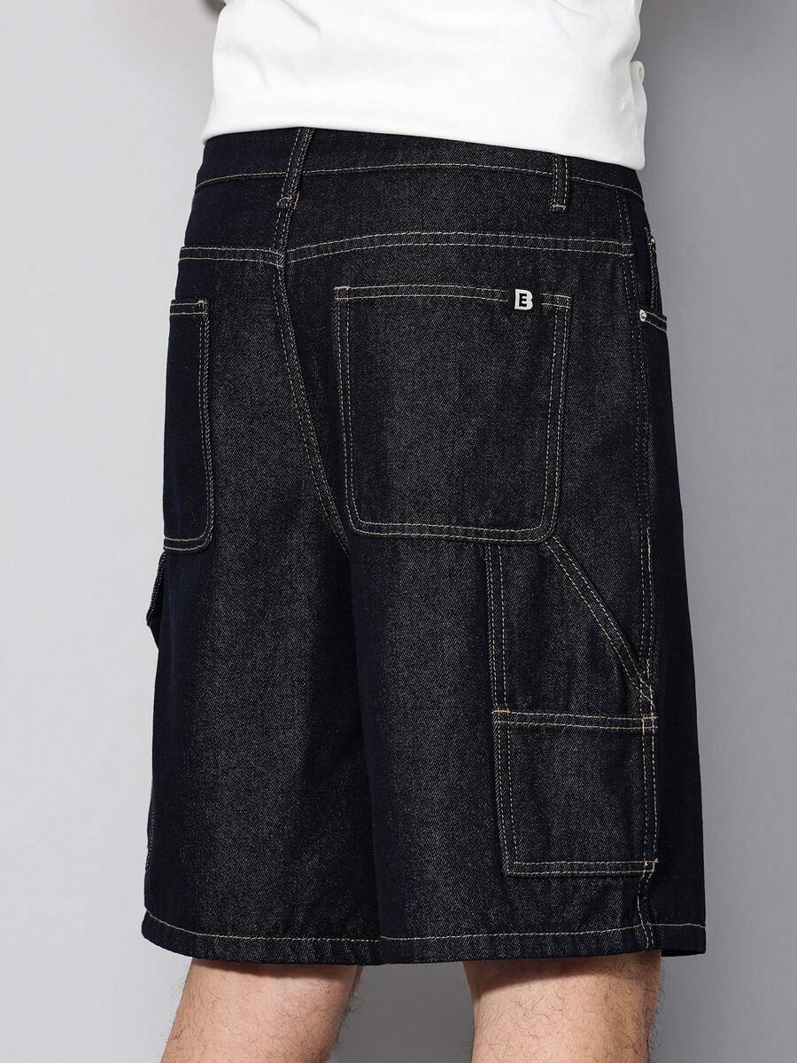 Manfinity Homme Pantaloni scurți din denim pentru bărbați, de vară, bleumarin, casual, cu picior larg, streetwear, pantaloni scurți din denim pentru bărbați, spălare închisă - Spălare întunecată - Vizualizare 1