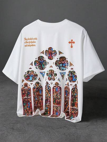 PAVTROS 复古教堂建筑印花超大款男士T恤，春夏皆宜，适合夏季、度假、复古风、外出、派对、节日、送给男友的礼物、街头风、运动等场合。