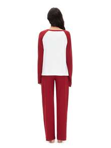 Women's Pajama Set, The Top Features Raglan Sleeves, The Main Body Is In White, The Shoulders And Sleeves Are In Burgundy, With "Rest Era" Printed In White On The Arms; The Bottom Is A Solid Burgundy Long Pant. The Overall Design Combines Contrasting Colors And Text Elements, With A Minimalist Style And A Branded Feel. - Burgundy - View 2