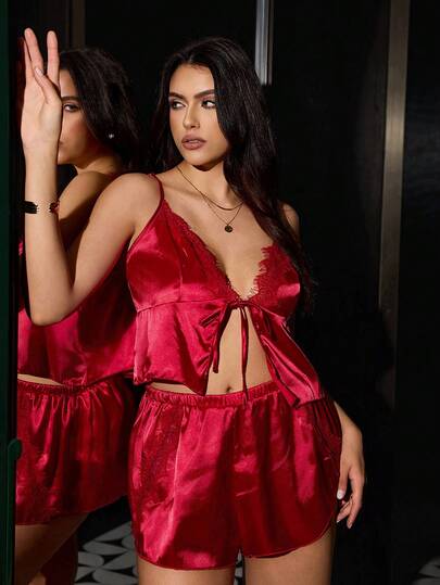 SHEIN Plus Size Sexy Satin Lace Camisole And Shorts Set, Minimalist Design Lingerie Set