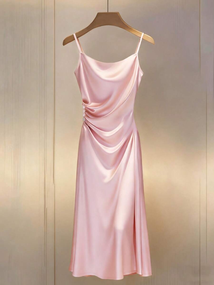 SHEIN LUNE 女士可调节细肩带收腰优雅中长连衣裙,适合晚宴、派对和正式场合 - 粉色 - 查看 1