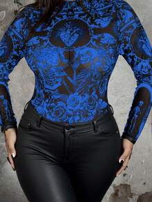 Flirla Blusa de manga larga con cuello redondo, estampado de malla, elegante, vintage, casual, de resort, transparente, con contraste de color y estampado de calavera y rosa para mujer de talla grande - Multicolor - Ver 4