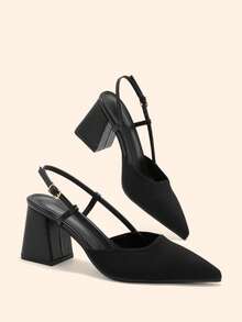 CUCCOO BASICS Women's Fashion Black Open Back Pointed Toe Chunky Heels Pumps, Classic Minimalist Design For Commuting, Dating, Party, Holiday, Wedding - Vintage Black - View 4