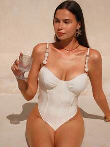 Swim Oasis 女士纯色可调节细肩带链条装饰后系腰两件式泳衣 - 米色 - 查看 6
