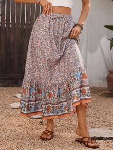 SHEIN LUNE Women's Casual Vacation Placement Print Front Button Split A-Line Skirt, Spring/Summer - Multicolor - View 6