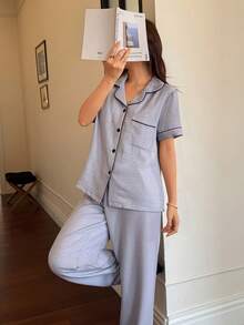 Napfluff Women's Casual Comfortable Short Sleeve Pants Solid Color Cardigan Pajama Set, Spring/Summer - Grey - View 5