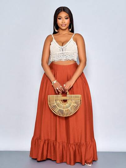 SOLERSUN 大码春夏新款纯色特殊工艺弹力腰褶皱A字荷叶边长裙，适合日常休闲、晚宴、约会、情人节、鸡尾酒会、毕业派对、旅行、海滩度假、音乐节、嘉年华、婚礼季、宾客着装、性感优雅服装、波西米亚风服装、时尚女装