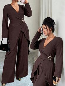 Elenzga Bộ đồ nữ cỡ lớn gồm áo tay dài và quần dài, kiểu dáng thanh lịch, trang trí kim loại, thích hợp cho mùa Thu/Đông. - màu nâu - Xem 1